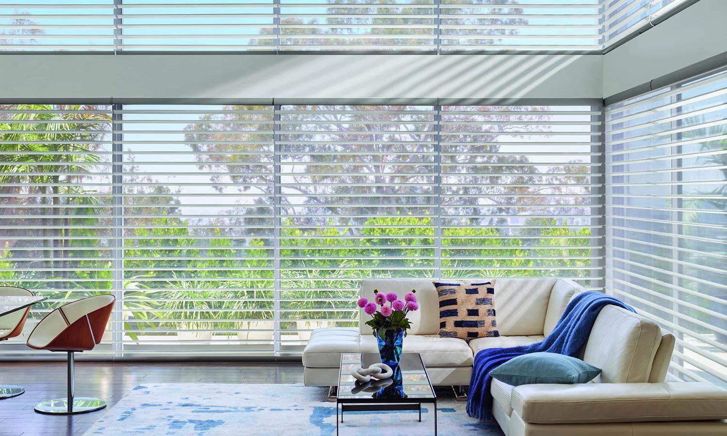 Hunter Douglas open shades in a living room